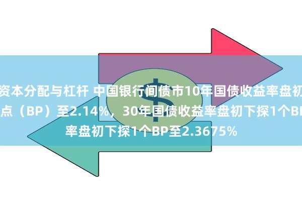 资本分配与杠杆 中国银行间债市10年国债收益率盘初续跌约1个基点（BP）至2.14%，30年国债收益率盘初下探1个BP至2.3675%